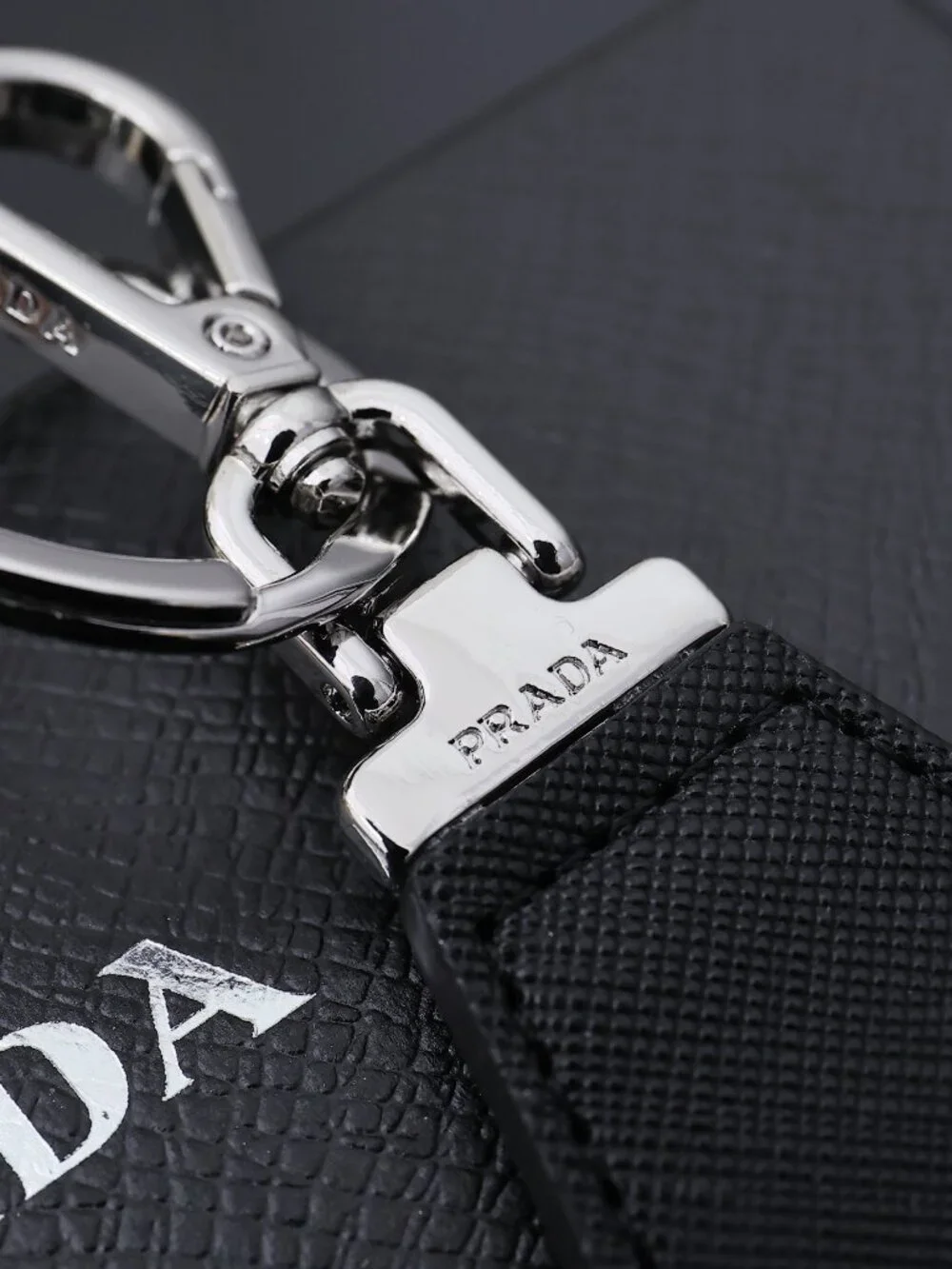 ✨ Prada Black Triangle Logo Leather Keychain